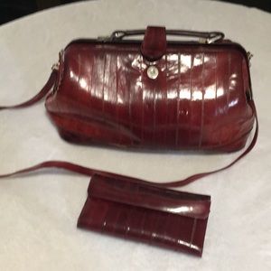 Burgundy eel skin satchel handbag short handle shoulder strap & matching wallet